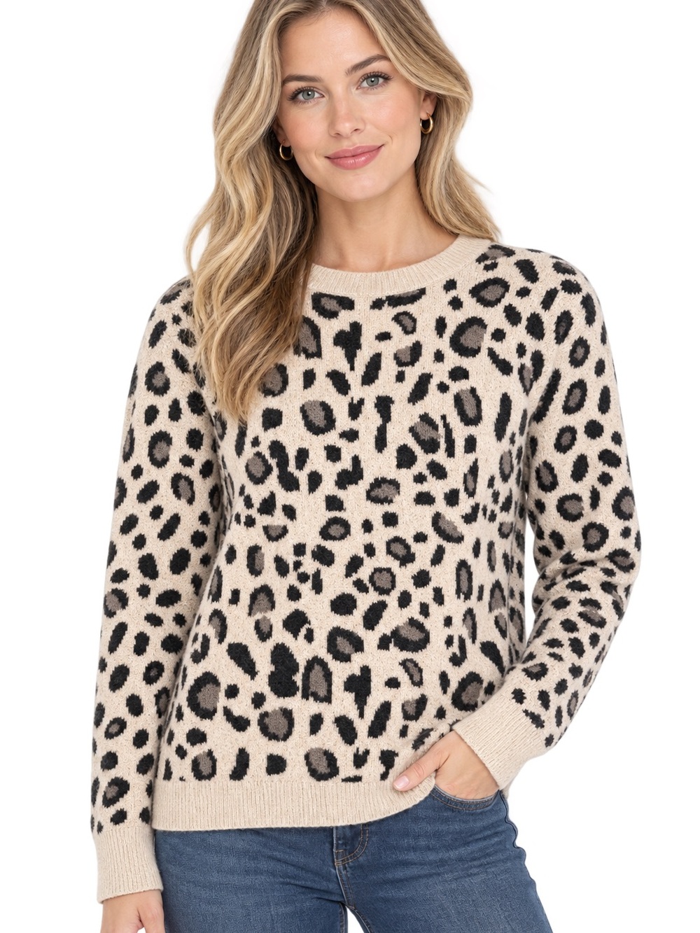 NEW! Halogen Animal Print Long Sleeve Soft Wool Blend Knit Sweater Size Small